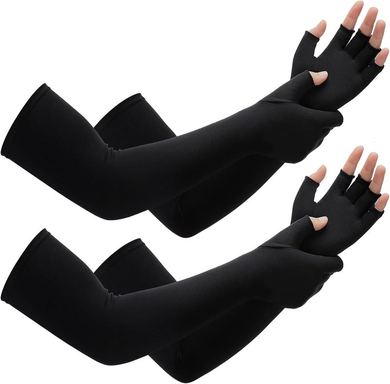 Vabean 2 Pairs Copper Long Gloves Carpal Tunnel Gloves Open Compression Long Fit mitten for Women Men Support Hands - Image 1